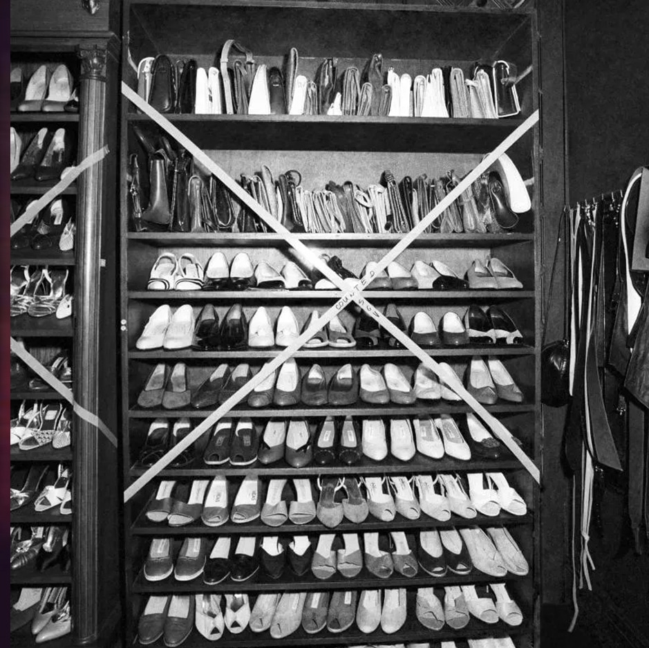 Imelda Marcos shoes marked as counted during an audit at Malacañang Palace in Manila in March 1986
