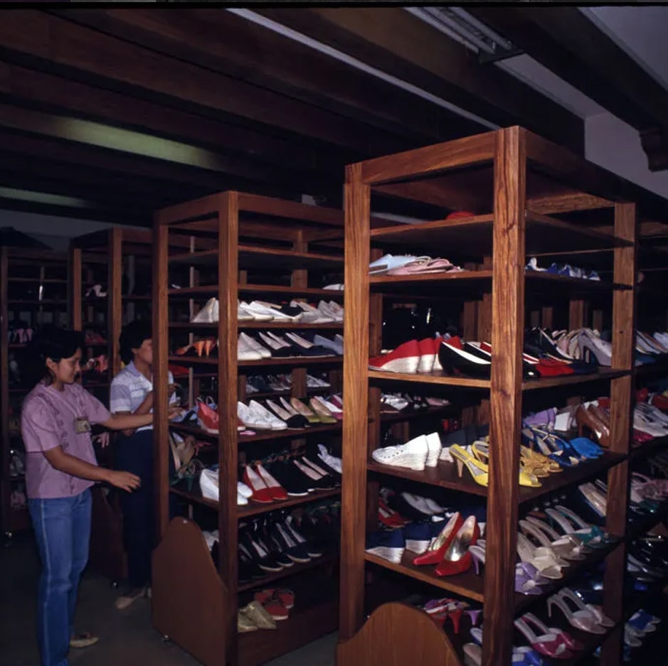 An inventory is made of shoes belonging to former First lady of the Philippines, Imelda Marcos, in a cellar under her bedroom at Malacanang Palace, Manila, 3rd March 1986.