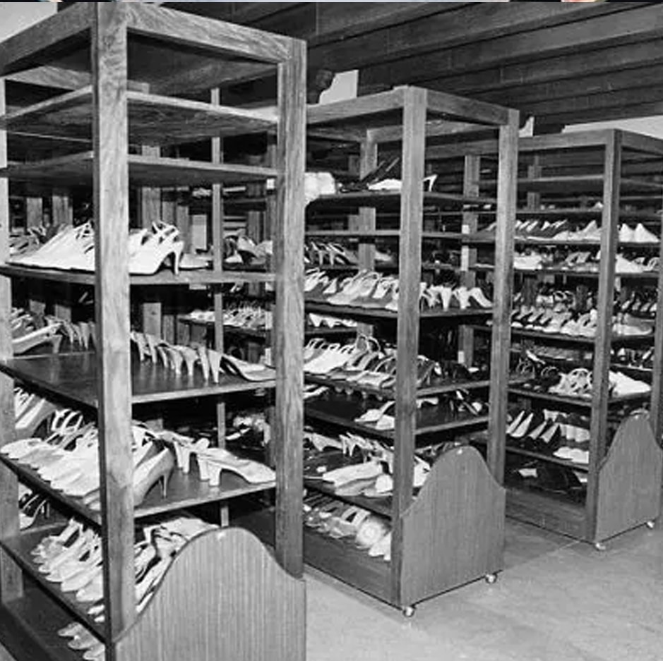 Imelda Marcos shoes stored on racks at Malacañang Palace in Manila before their transfer to the Marikina Shoe Museum.