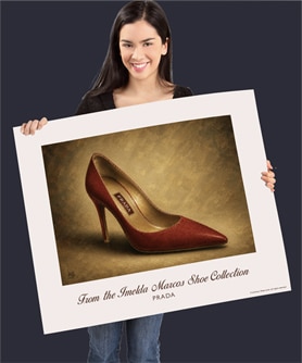 Girl holding a Sole Support print of a Prada shoe from the Imelda Marcos shoe collection