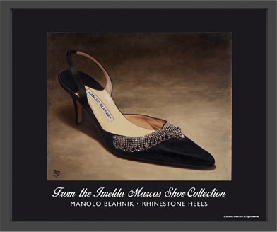 Framed Manolo Blahnik black silk slingback shoe artwork from the Imelda Marcos shoe collection